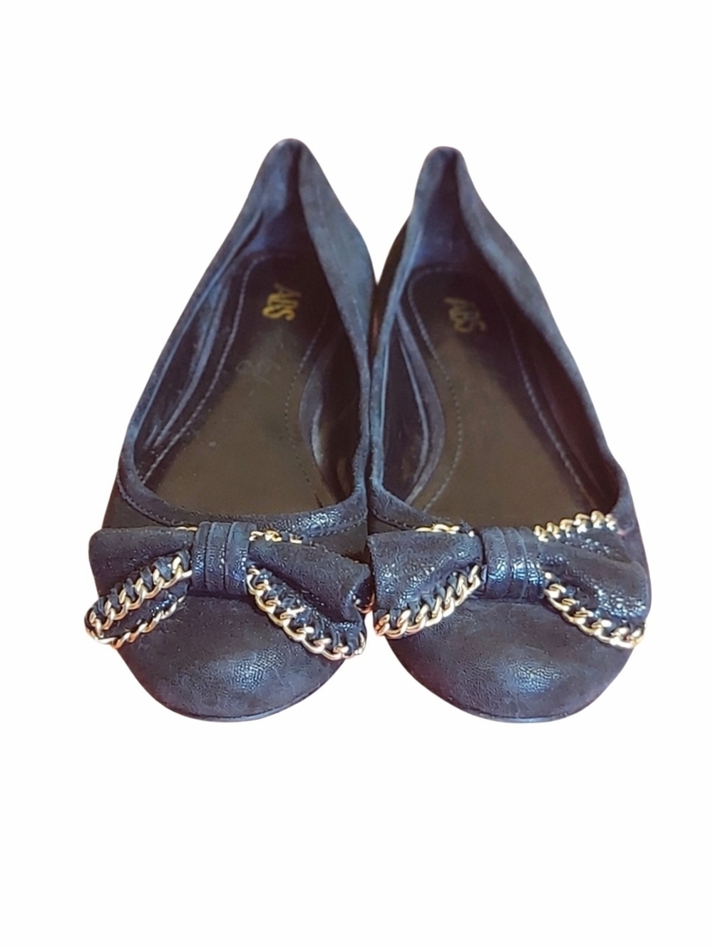 ABS by Allen Schwartz Black Bow Ballet Flats with Gold Chain Detail